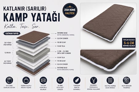 Zish Home FLEXI 5 cm Kahverengi Katlanır Kamp Yatağı | 24 DNS Orta Sert Sünger | Karavan ve Çadır İçin Taşınabilir Yatak | Yer Yatağı, Misafir Yatağı ve Anne Yanı