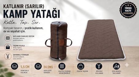 Zish Home FLEXI 5 cm Kahverengi Katlanır Kamp Yatağı | 24 DNS Orta Sert Sünger | Karavan ve Çadır İçin Taşınabilir Yatak | Yer Yatağı, Misafir Yatağı ve Anne Yanı