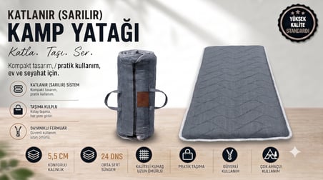 Zish Home FLEXI 5 cm Katlanır Kamp Yatağı | 24 DNS Orta Sert Sünger | Karavan ve Çadır İçin Taşınabilir Yatak | Yer Yatağı, Misafir Yatağı ve Anne Yanı