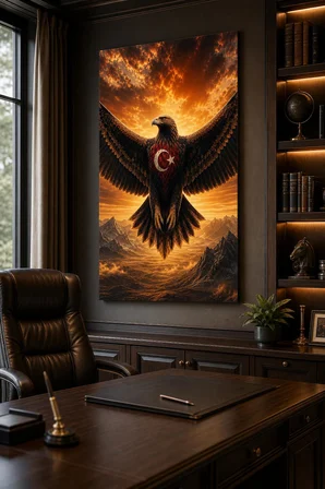 Türk Bayraklı Kartal Baskılı Cam Tablo – UV Baskı Dekoratif Duvar Tablosu