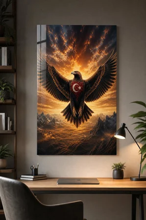 Türk Bayraklı Kartal Baskılı Cam Tablo – UV Baskı Dekoratif Duvar Tablosu