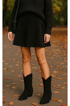 Bej Süet Kadın Kısa Kovboy Kanvas Western Bot