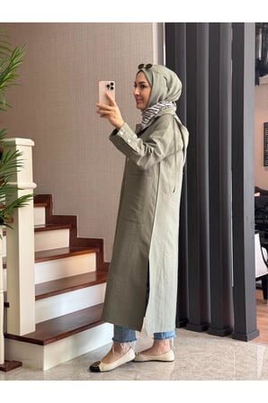 Cupra Kumaş Çıtçıtlı Kapüşonlu Giy-Çık Kap 120 cm Tesettür Kap Haki & Mürdüm Günlük Şık Kap