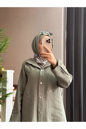 Cupra Kumaş Çıtçıtlı Kapüşonlu Giy-Çık Kap 120 cm Tesettür Kap Haki & Mürdüm Günlük Şık Kap