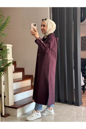 Cupra Kumaş Çıtçıtlı Kapüşonlu Giy-Çık Kap 120 cm Tesettür Kap Haki & Mürdüm Günlük Şık Kap