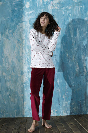 Kadın Bisiklet Yaka Düşük Omuz İnterlok Pamuklu Üst Kadife Alt Kışlık Pijama Eşofman Takım