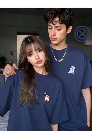 Sevgili Kombini Minimal Karakter Baskılı Çift Tişört Oversize Unisex Romantik Çift Kombin Seti