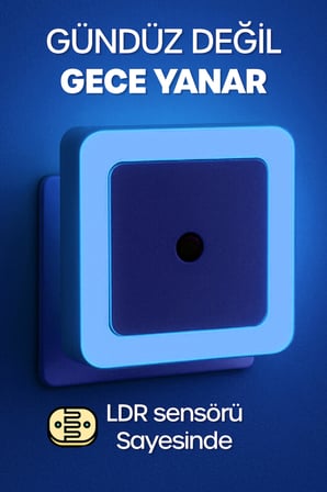 Kare Otomatik Gece Lambası Işığa Duyarlı Karanlık LDR Sensörlü Koridor Mavi GC02