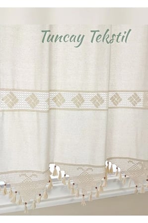 Buldan Işi Otantik El Işi Dantelli Perde %100 Pamuklu Natural Keten Güneşlik Perdesi