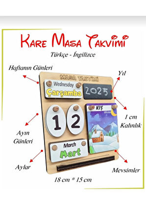 Çocuklar İçin Masa Takvimi - Kare Masa Takvimi (Türkçe-İngilizce)