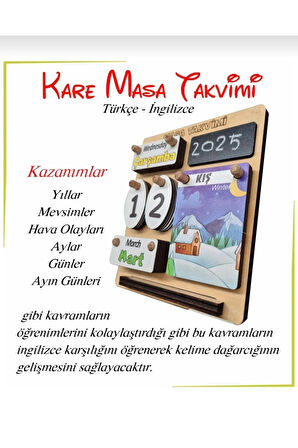 Çocuklar İçin Masa Takvimi - Kare Masa Takvimi (Türkçe-İngilizce)