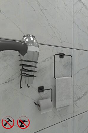 Yapışkanlı Kare Fön Tuvalet .kağıtlık Ve Kare Havluluk 3 Lü Banyo Aksesuar Seti