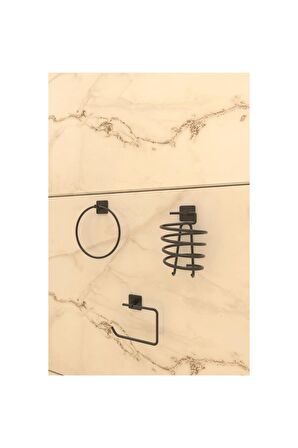 Jasmin Siyah Kare 3'lü Banyo Seti - Kağıtlık, Halka Havluluk, Fön Makinesi Askısı
