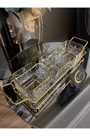ARS Paşabahçe Timeless Yaldızlı Kare Kase Metal Gold Standlı 3,lü Çerezlik,Şekerlik,Sunumluk,Tabak