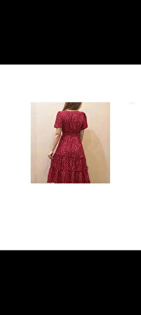 kare yaka beli lastikli viskon midi boy elbise 