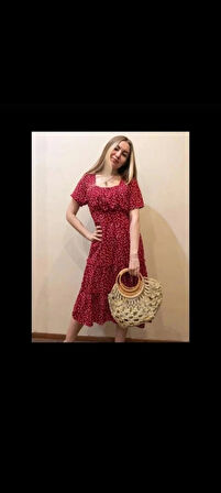 kare yaka beli lastikli viskon midi boy elbise 