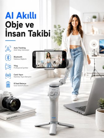 Yapay Zeka Takipli Telefon Gimbali Katlanabilir Tripod Kontrollü Dahili Led Işıklı