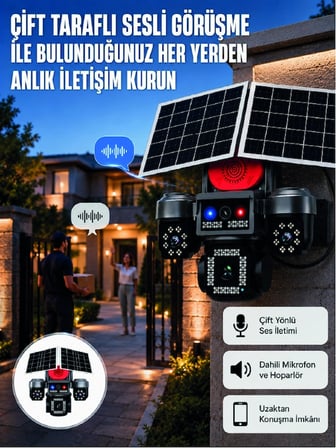Led Projektörlü Sirenli Güneş Enerjili Akıllı Güvenlik Kamerası