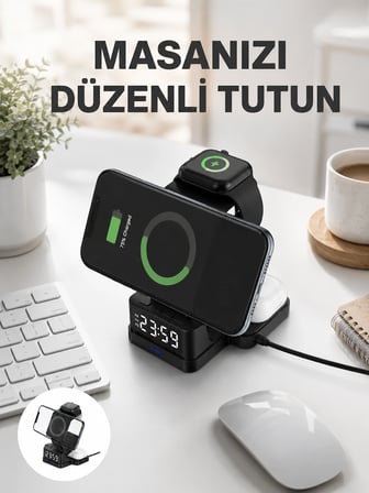 Şarjlı Dijital Masa Saati – 3 Parlaklık Seviyeli Led, Hızlı Şarj, Yeni Nesil
