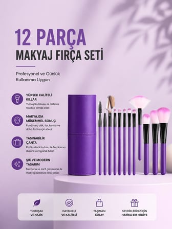 12'Li Makyaj Fırça Seti Yumuşak Kıllı Profesyonel Kullanıma Uygun