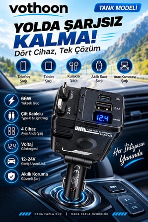 Tank 66W 4’Ü 1 Arada Çift Kablolu Araç İçi Çakmaklık Hızlı Aleti Voltaj Göstergeli