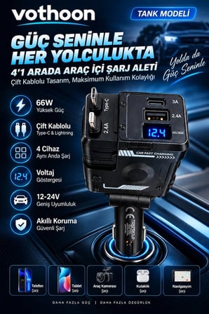 Tank 66W 4’Ü 1 Arada Çift Kablolu Araç İçi Çakmaklık Hızlı Aleti Voltaj Göstergeli