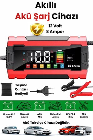 12V 8A Akıllı Akü 12V 8A Lcd Ekranlı Pulse Repair Otomatik Akü & Desülfatör