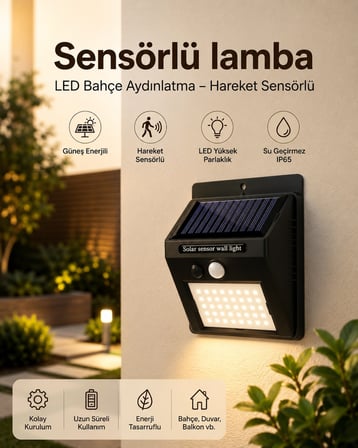 Sensörlü, Güneş Enerjili Led Duvar Lambası Bahçe Balkon Aydınlatma