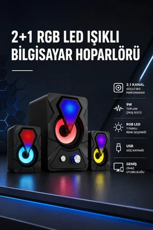 2+1 Rgb Led Işıklı Güçlü Bas Sistemli Bilgisayar Hoparlörü