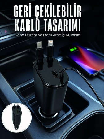 Dijital Voltaj Göstergeli Araç Geri Çekilebilir Kablolu 4 Portlu Hızlı Adaptörü