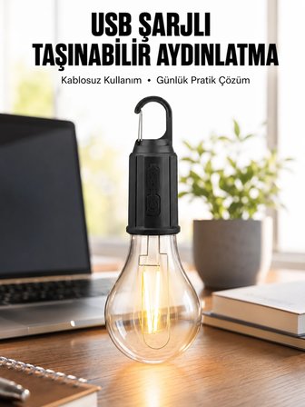 Şarjlı Dekoratif Kamp Lambası Askılı Ampul Led Işık Girişli