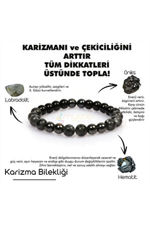 Sertifikalı Doğal Taş Karizma Bilekliği|labradorit-onix/oniks-hematit Doğaltaş | Hediyelik