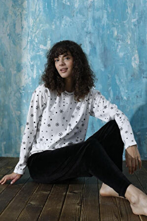 Kadın Bisiklet Yaka Düşük Omuz İnterlok Pamuklu Üst Kadife Alt Kışlık Pijama Eşofman Takım