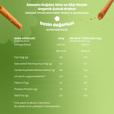 Organik Kavuzlu Buğday Unlu ve Ekşi Mayalı Çubuk Kraker - 3 Adet