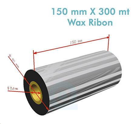 'Ribbon'' WX10FBK (Standart Wax) **150mm x 300m** 1 inç Outside (Koli 12)