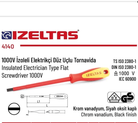 1000V İzoleli Elektrikçi Düz Uçlu Tornavida 2.5*75mm