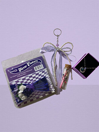 Lila Rüya Hediye Kutusu - Mavi Taşlı Kolye, İnci Detay ve Yeşil Çay İçerikli Zarif Kadın Hediye Seti