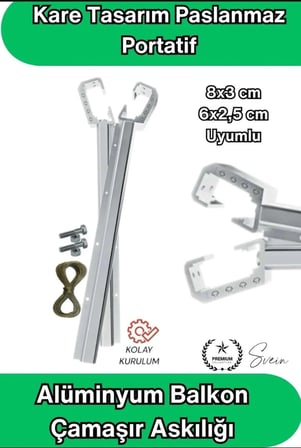 8x3 ve 6x2.5 cm Uyumlu Alüminyum Balkon Çamaşır Askılığı Takılabilir Küpeşte Kurutmalık Kare Boru Uyumlu BALKON DEMİRİ