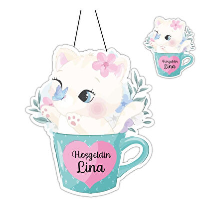 Kişiye Özel Bebek Kapı Süsü Ve 50 Adet Magnet Seti Kupa Kedi