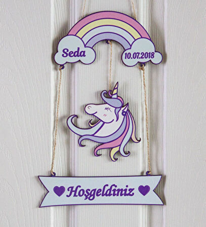 Meşgalem Unicorn ve Gökkuşağı Temalı Kişiye Özel Kapı Süsü