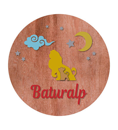 Meşgalem Aslan ve Yavrusu Ahşap Desenli Temalı Kişiye Özel Kapı Süsü