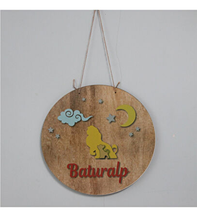 Meşgalem Aslan ve Yavrusu Ahşap Desenli Temalı Kişiye Özel Kapı Süsü