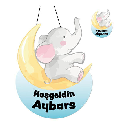 Kişiye Özel Bebek Kapı Süsü Ve 50 Adet Magnet Seti Fil Ay