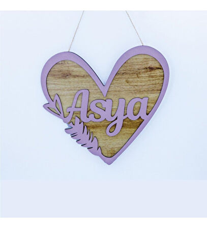 Meşgalem Lila Çerçeveli ve Ahşap Desen Temalı Kişiye Özel Kapı Süsü