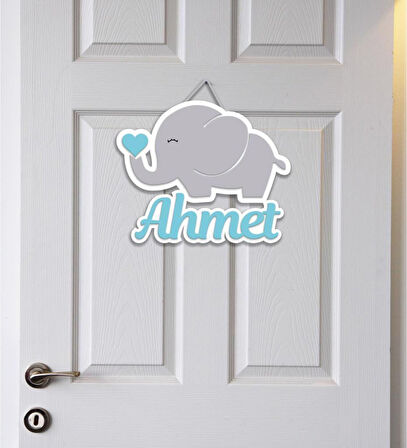 Meşgalem Hortumundan Mavi Kalp Çıkan Fil Yavrusu Temalı Kişiye Özel Kapı Süsü