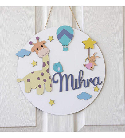 Zürafa Temalı Hayvanlar Ahşap Çocuk Kapı Süsü