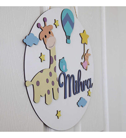Zürafa Temalı Hayvanlar Ahşap Çocuk Kapı Süsü