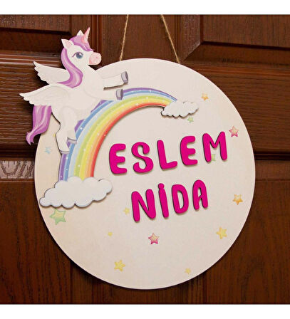 İsme Özel Unicorn Tasarımlı Gökkuşağı Çocuk Odası Kapı Süsü