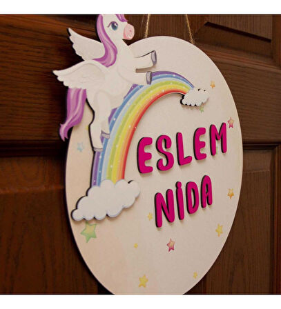 İsme Özel Unicorn Tasarımlı Gökkuşağı Çocuk Odası Kapı Süsü