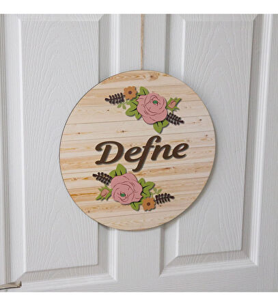 Meşgalem Pembe Güllü Ahşap Desen Temalı Kişiye Özel Kapı Süsü